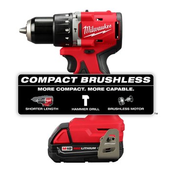 Milwaukee M18 Compact Brushless Hammer Drill Kit 3602-22CT - 1/2 in Chuck - 2.3 lb - M18 Lithium Battery