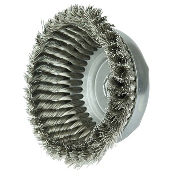 Weiler Stainless Steel Cup Brush - Threaded Arbor Attachment - 6 in Width x 6 in Length - 6 in6 in Diameter - 5/8 in-11 UNC Center Hole - 6 in Outside Diameter - 0.023 in Bristle Diameter - Brush Type: Single Row - 12476