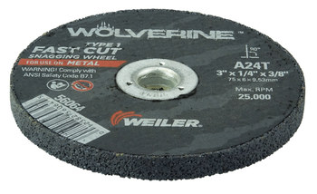 Weiler Wolverine Snagging Wheel 56064 - Type 1 (Straight) - 3 in - Aluminum Oxide - 24 - T