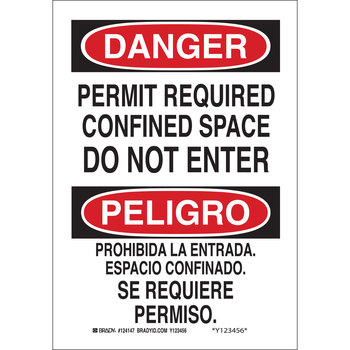 Picture of Brady B-302 Polyester Rectangle White English / Spanish Confined Space Sign part number 124147 (Main product image)