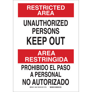 Picture of Brady B-401 High Impact Polystyrene Rectangle White English / Spanish Restricted Area Sign part number 38616 (Main product image)