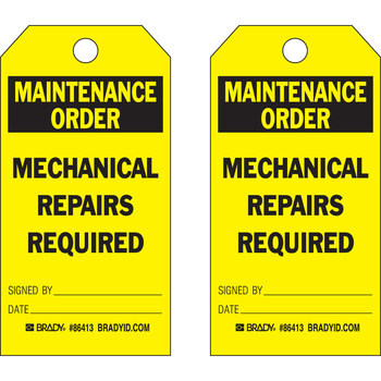 Picture of Brady Black on Yellow Laminated, Metal Grommet Polyester / Paper 86413 Maintenance Tag (Main product image)