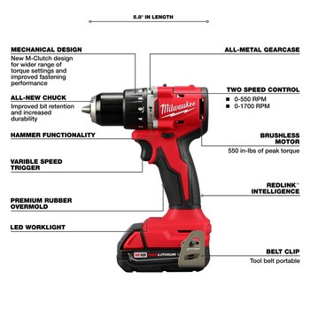 Milwaukee M18 Compact Brushless Hammer Drill Kit 3602-22CT - 1/2 in Chuck - 2.3 lb - M18 Lithium Battery
