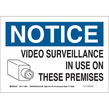 Picture of Brady B-563 Eco-Friendly Plastic Rectangle White English Surveillance Sign part number 116195 (Main product image)