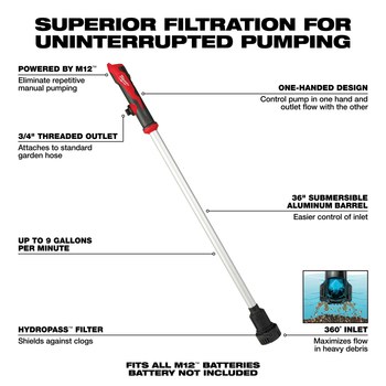 Milwaukee M12 Stick Transfer Pump 2579-20 - Up to 9 Gallons Per Minute Capacity