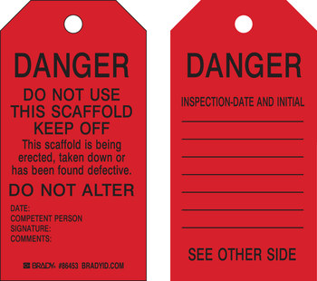 Picture of Brady Black on Red Laminated, Metal Grommet, Write-On Polyester / Paper 86453 Equipment Safety Tag (Main product image)