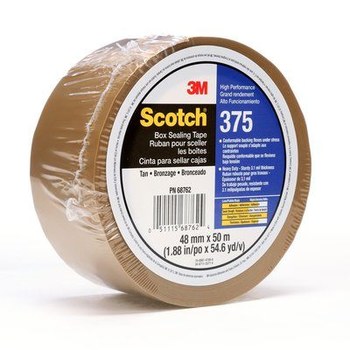 3M Scotch 375 Tan Box Sealing Tape - 48 mm Width x 50 m Length - 3.1 mil Thick - 68762