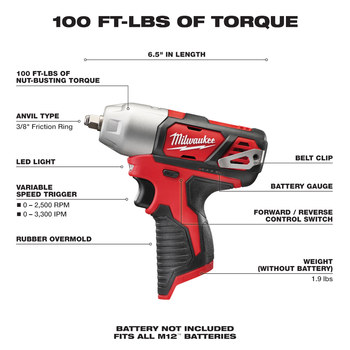 Milwaukee M12 Impact Wrench 2463-20 - M12 REDLITHIUM Battery - 100 ft/lb Max
