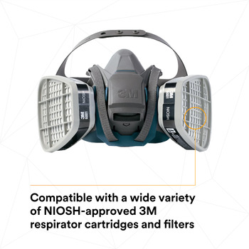 3M 6500 Series Rugged Comfort Quick Latch 6502QL Gray/Teal Medium Nylon/Silicone Half Mask Facepiece Respirator - 051131-49490