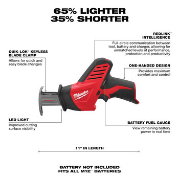 Milwaukee M12 HACKZALL Reciprocal Saw 2420-20 - 0.5 in Stroke Length - 3000 SPM