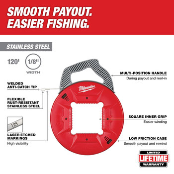 Milwaukee 48-22-4186 Fish Tape, Stainless Steel, Red/Gray