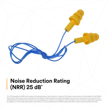3M E-A-R UltraFit 340-4004 Yellow Universal Thermoplastic Elastomer Foam Reusable Corded Triple-Flange Ear Plugs - 25 dB NRR