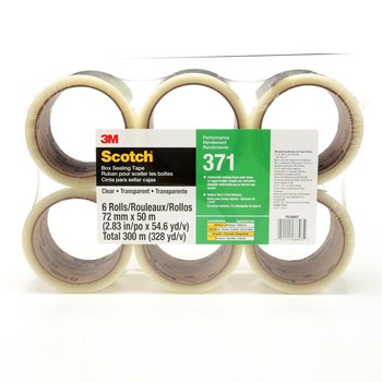 3M Scotch 371 Clear Box Sealing Tape - 72 mm Width x 50 m Length - 1.8 mil Thick - 68803
