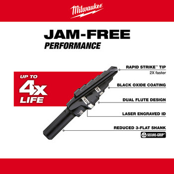 Milwaukee 3/8 - 1/2 in Step Drill Bit 48-89-9206 - 6.0 in Overall Length - 1/2 in Flute - Black Oxide