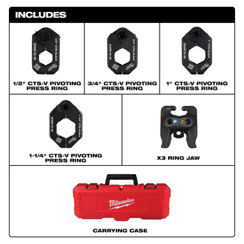 Milwaukee M12 FORCE LOGIC Press Tool Pivoting Press Ring Kit 49-16-2490X - 1/2 in, 3/4 in, 1 in, 1-1/4 in Capacity