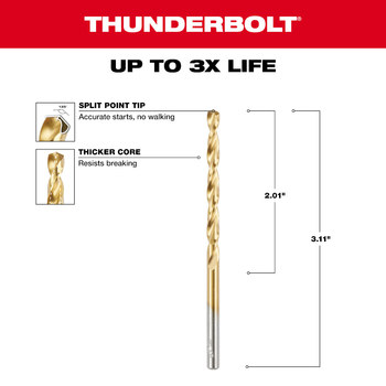 Milwaukee Thunderbolt 5/32 in Drill Bit 48-89-2207 - Right Hand Cut - Split 135° Point - Titanium Nitride Finish - 5.5 in Overall Length - Titanium Coated