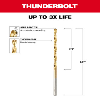 Milwaukee Thunderbolt 9/64 in Drill Bit 48-89-2206 - Right Hand Cut - Split 135° Point - Titanium Nitride Finish - 5.5 in Overall Length - Titanium Coated