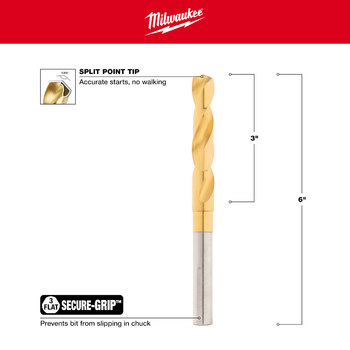 Milwaukee 3/4 in Deming Bit 48-89-4640 - Right Hand Cut - Split 135° Point - 6 in Overall Length - 3.15 in Flute - TiN (Titanium Nitride)