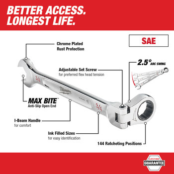 Milwaukee 45-96-9808 Flex Head Combination Wrench - Chrome Vanadium Steel - 5.28 in