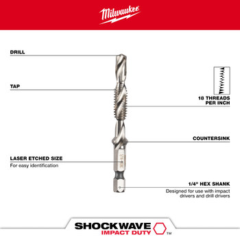 Milwaukee SHOCKWAVE 5/16-18 UNC Impact Drill Tap 48-89-4871 - 2 Flute - Bright - 3.12 in Overall Length - Steel