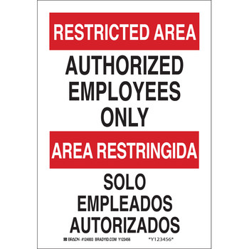Picture of Brady B-555 Aluminum Rectangle White English / Spanish Restricted Area Sign part number 124001 (Main product image)