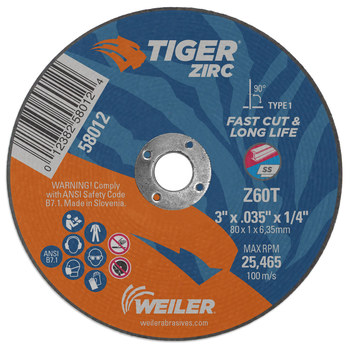 Weiler Tiger Cut-Off Wheel 58012, Type 1 (Straight), 3 in
