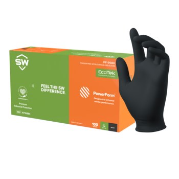 SW Sustainability Solutions PowerForm PF-90BK Black 2XL Powder Free Disposable Gloves - Medical Exam Grade - 9 in Length - Textured Fingers Finish - 5 mil Thick - N716886