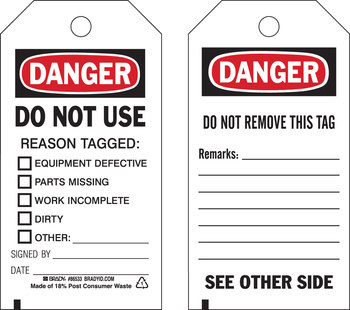 Picture of Brady Black / Red on White Metal Grommet, Self-Laminating, Write-On Polyester 86533 Equipment Safety Tag (Main product image)