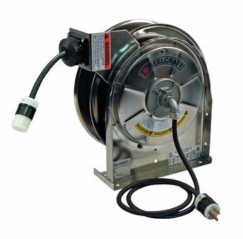 Reelcraft Industries LS 5415 123 3M Cord Reel, 15 ft SJEOOW, 125V, 15 Amps,  Spring Drive, Single Medical Grade Receptacle, Stainless Steel, Silver
