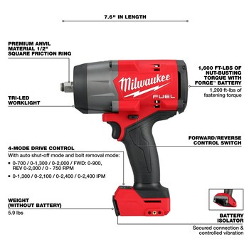 Milwaukee M18 FUEL High Torque Impact Wrench w/ Friction Ring 2967-20 - Li-Ion Battery - 1200 ft/lb Max