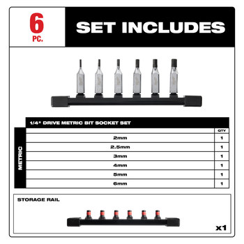 Milwaukee 2 mm, 2.5 mm, 3 mm, 4 mm, 5 mm, 6 mm Hex Bit Socket Set 48-22-9541 - S2 Steel - Chrome Finish - 61108