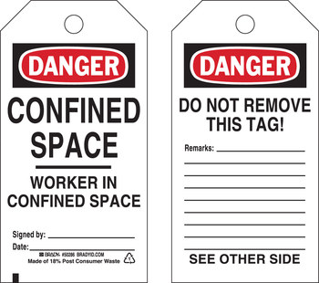 Picture of Brady Black / Red on White Self-Laminating Polyester Worker in Confined Space 50286 Confined Space Tag (Main product image)