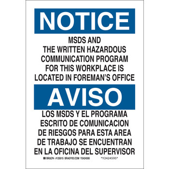 Picture of Brady B-302 Polyester Rectangle White English / Spanish MSDS Sign part number 125018 (Main product image)