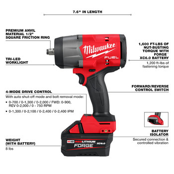 Milwaukee M18 FUEL REDLITHIUM FORGE High Torque Impact Wrench w/ Friction Ring Kit 2967-21F - M18 Lithium Battery - 1200 ft/lb Max