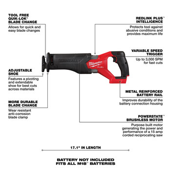 Milwaukee M18 FUEL SAWZALL Reciprocal Saw 2821-20 - 1.25 in Stroke Length - 3000 SPM