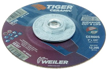 Weiler Tiger Ceramic Cutoff Wheel 58308 - Type 27 - Depressed Center Wheel - 5 in - Ceramic - 60 - S