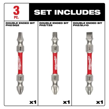 Milwaukee SHOCKWAVE Impact Duty (1) Ph2/Sq2, (1) Ph2/T25, (1) PH2/SL10  Double Ended Bit Set 48-32-4319, 1/4 in hex Shank, Alloy Steel