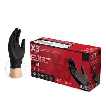 Ammex X3 Disposable Gloves BX344100, Size Medium, Black