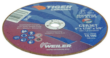 Weiler Tiger Cut-Off Wheel 58348 - Type 1 (Straight) - 4 in - Ceramic - 36 - T