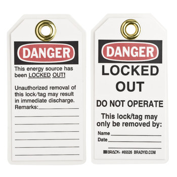 Picture of Brady Black / Red on White Laminated, Metal Grommet Polyester / Paper 65526 Lockout / Tagout Tag (Main product image)