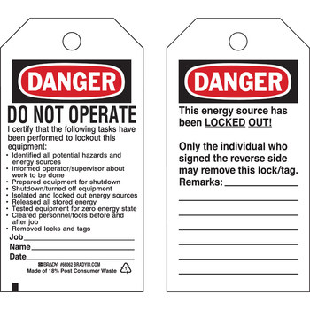 Brady 66062 Lockout / Tagout Tag, 3 in x 5 3/4 in, Polyester, Black ...
