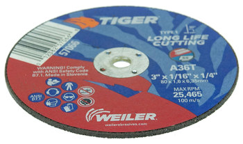 Weiler Tiger Cut-Off Wheel 57066 - Type 1 (Straight) - 3 in - Aluminum Oxide - 36 - T