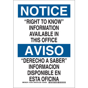 Picture of Brady B-401 Polystyrene Rectangle White English / Spanish Right To Know Sign part number 124981 (Main product image)