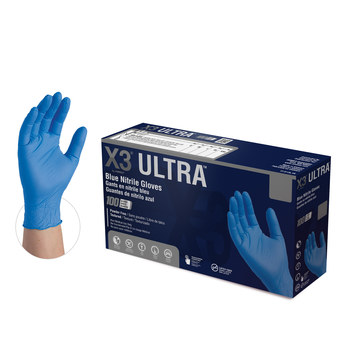 Ammex X3 Ultra Disposable Gloves XUNPF46100, Size Large, Blue
