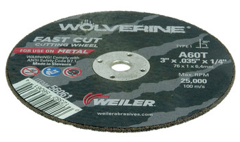 Weiler Wolverine Cutoff Wheel 56061 - Type 1 - Straight Wheel - 3 in - Aluminum Oxide - 60 - T
