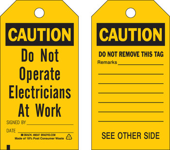 Picture of Brady Black on Yellow Metal Grommet, Self-Laminating, Write-On Polyester 86547 Equipment Safety Tag (Main product image)