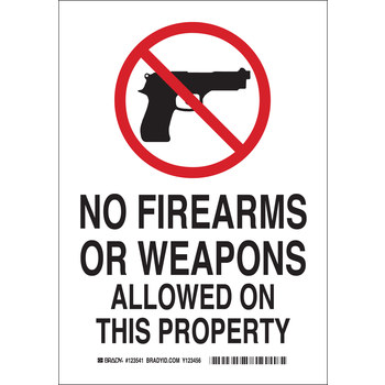Picture of Brady B-401 High Impact Polystyrene Rectangle White English Weapon Control Sign part number 123543 (Main product image)