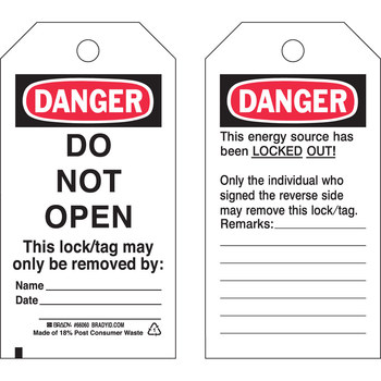 Picture of Brady Black / Red on White Laminated, Metal Grommet Polyester / Paper 65534 Lockout / Tagout Tag (Main product image)