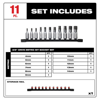 Milwaukee 4 mm, 5 mm, 6 mm, 7 mm, 8 mm, 9 mm, 10 mm, 11 mm, 12 mm, 13 mm, 14 mm Hex Bit Socket Set 48-22-9543 - S2 Steel - Chrome Finish - 61113