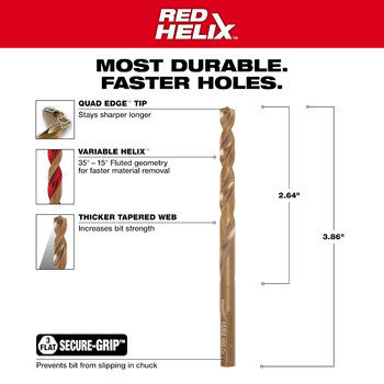 Milwaukee RED HELIX 15/64 in Drill Bit 48-89-2312 - Right Hand Cut - Split 135° Point - Uncoated (Bright Finish) Finish - 3.94 in Overall Length - 2.72 in Flute - Cobalt
